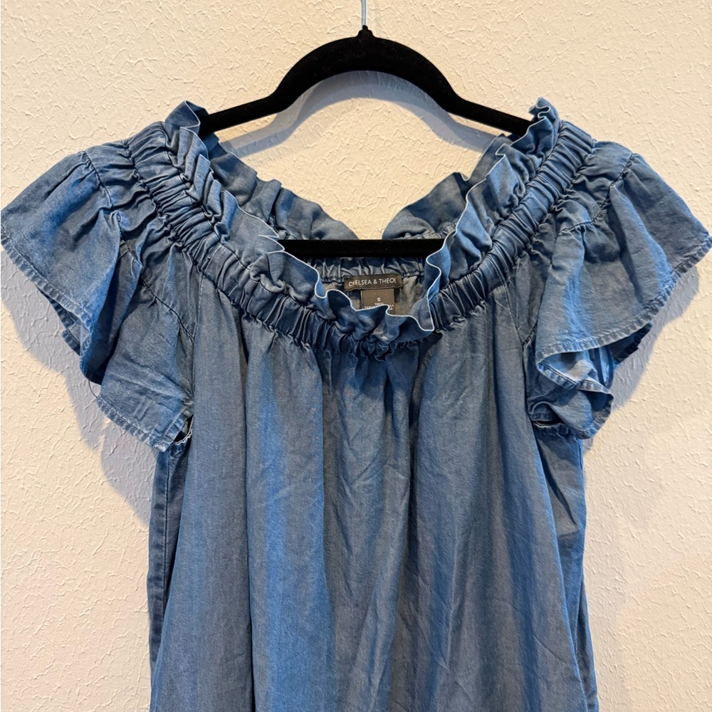 Chelsea & Theodore Denim-Look Ruffle Top - Chambray Blue - Picture 2 of 10